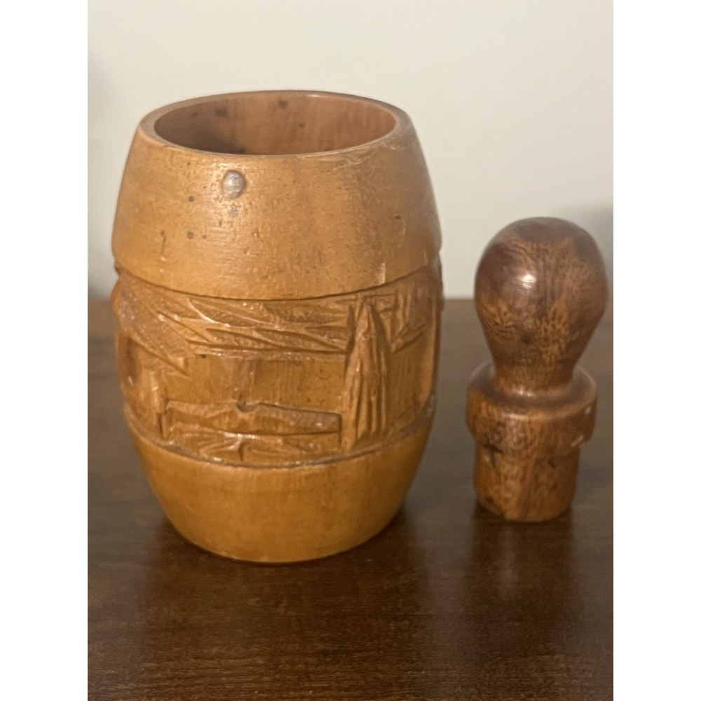 Vintage Monkey Wood‎ Carved Barrel Form Wooden Cup Rustic Decor
